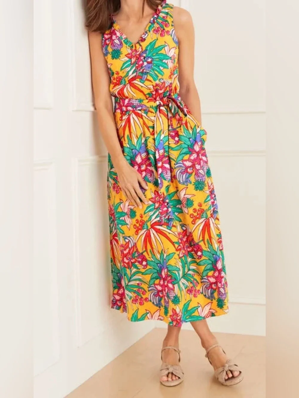 Talbots Tropical Print 100% Cotton Dress Size 6 Yellow Floral Parrot Midi Belted - Picture 3 of 12
